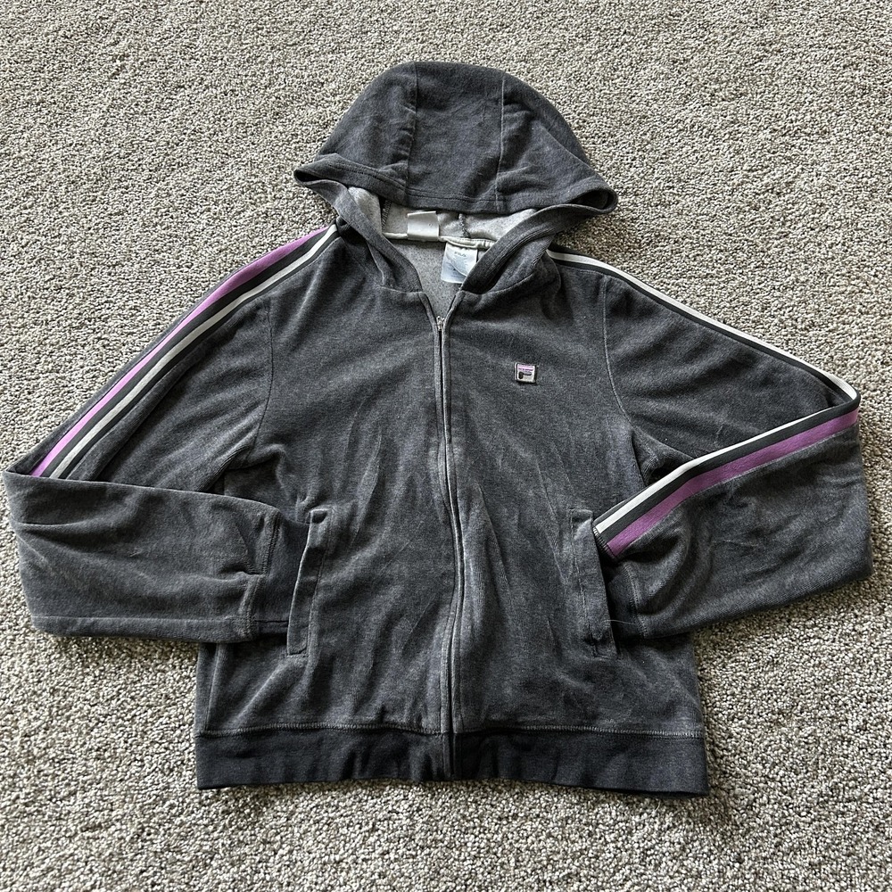 FILA Hoodie Womens Small Gray Jersey Full Zip Stripe Logo Sweatshirt Athletic